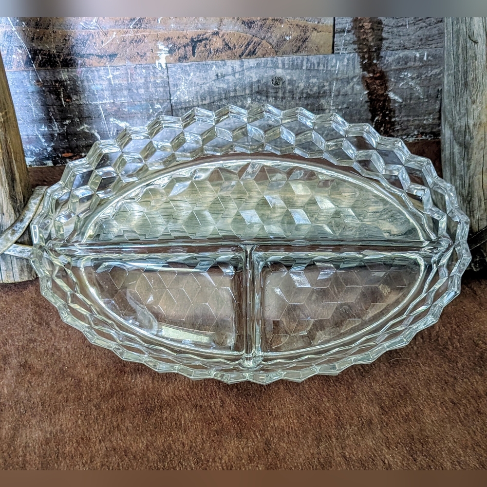 Vintage Fostoria American Three Slot Relish Crystal Dish